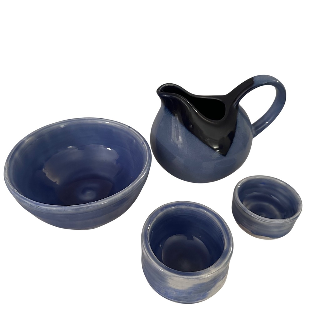 Blue Glazed Ceramic Pitcher Bowl Set 4 Pieces Small Creamer Cup - Picture 5 of 16